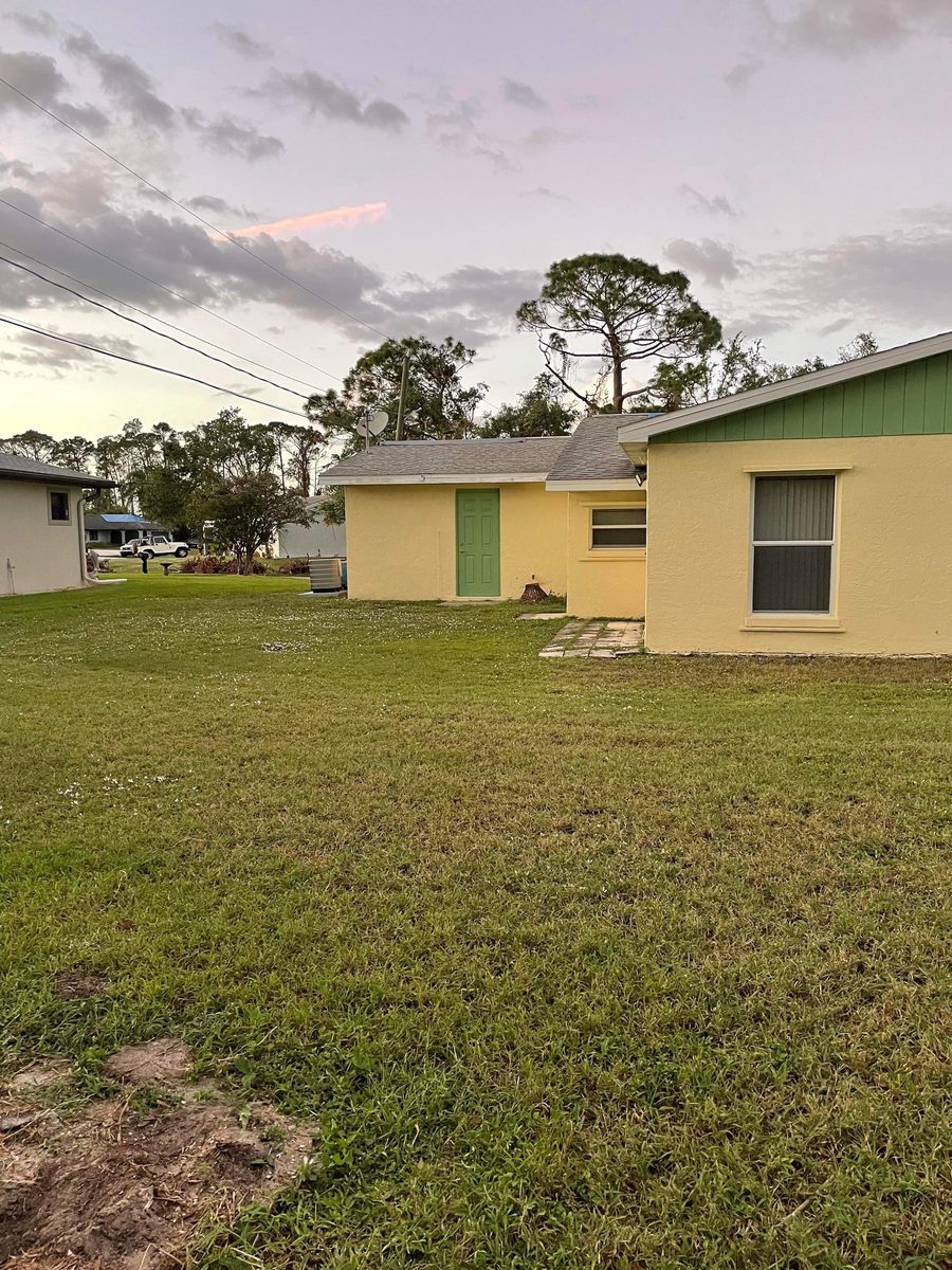 Before: rear of the home with overgrown yard